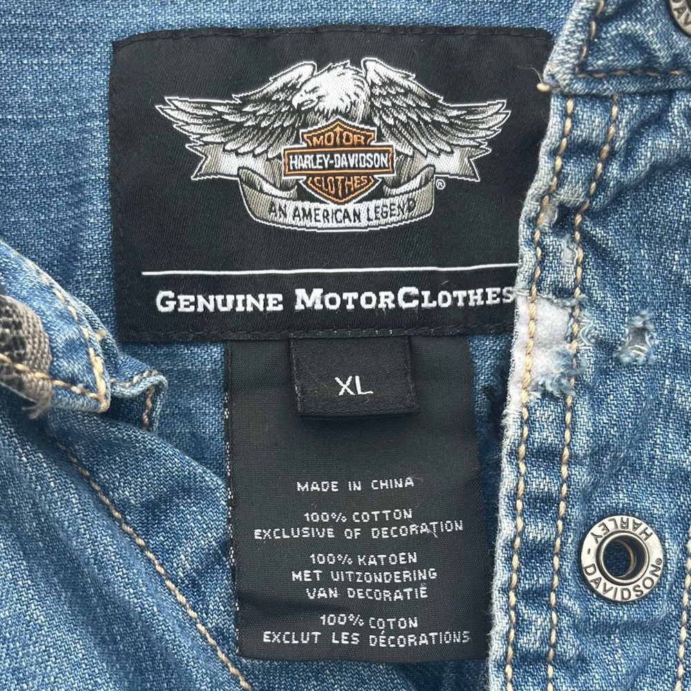Harley‎ Davidson Denim Snap Shirt XL Embroidered Logo Biker Western Distressed - Picture 5 of 12